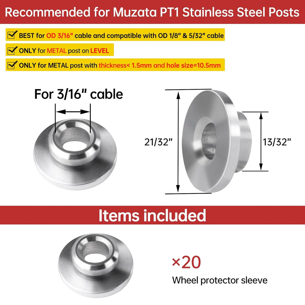 20Pack Cable Railing Kit 1/8 5/32 3/16 Wheel Protective Protector Sleeves for PT1 Metal Posts Wire Rope Level Deck Washer Insert Plug T316 Stainless Steel CR90, CP3 Pack of 2 K788