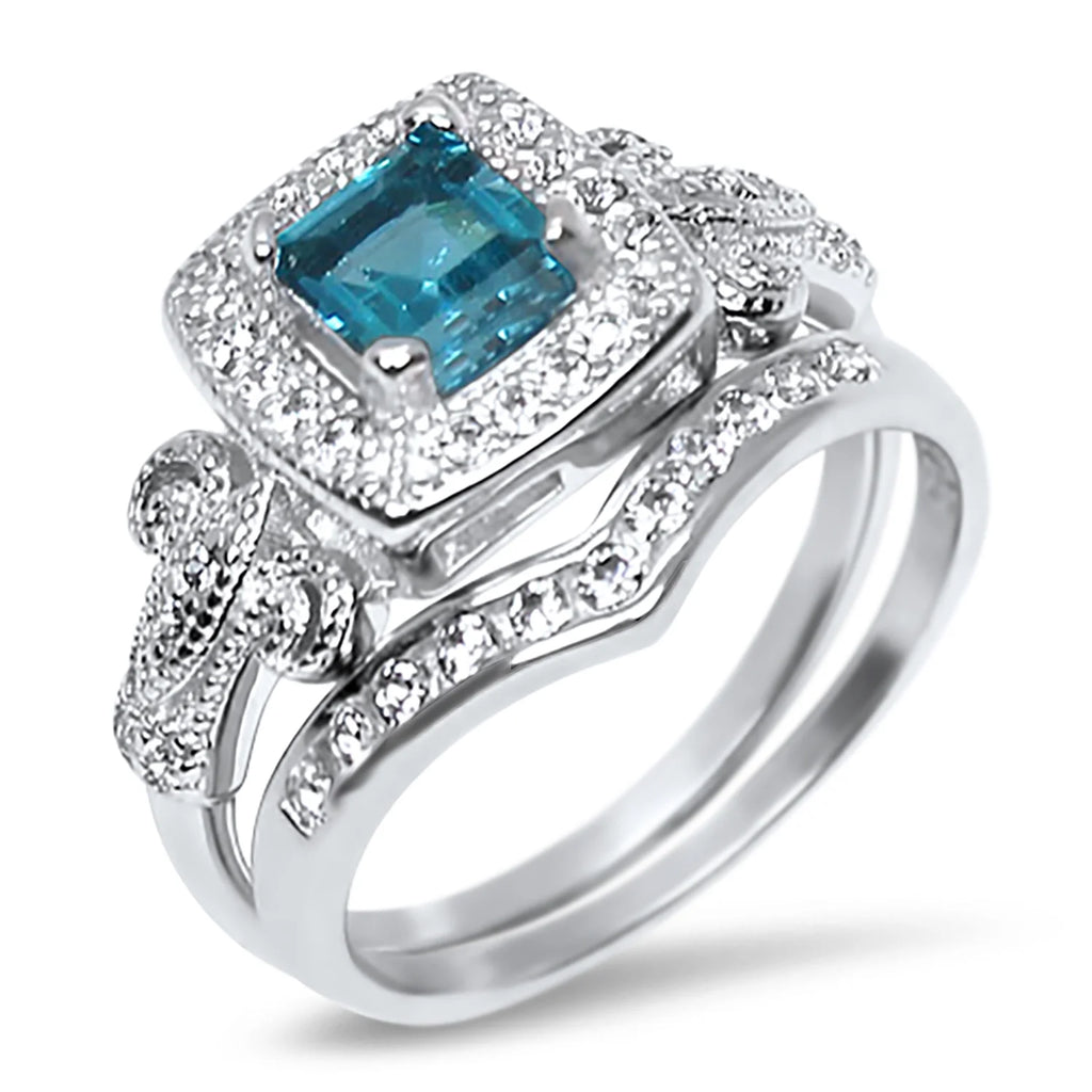 Vintage Blue Topaz Silver Wedding Engagement Ring Set D855720