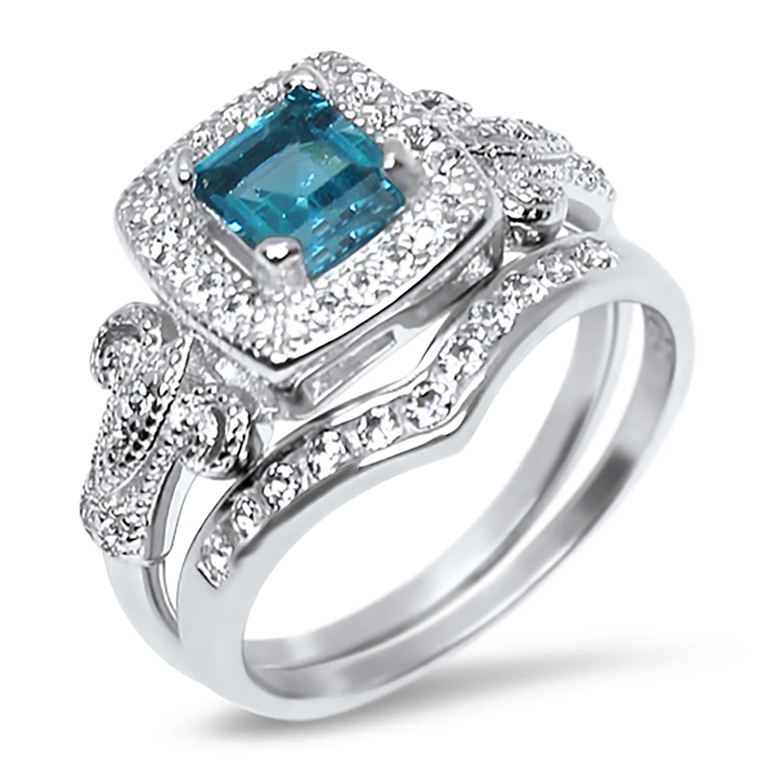 Vintage Blue Topaz Silver Wedding Engagement Ring Set D855720