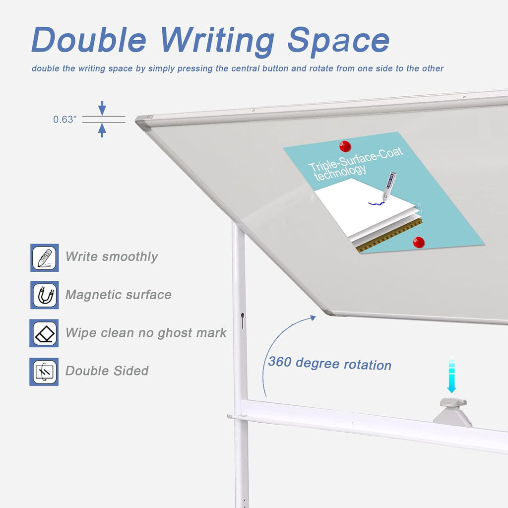 Mobile White Board Double Sided 48 x 32 Inches Adjustable Height Rolling Black Stand I562709