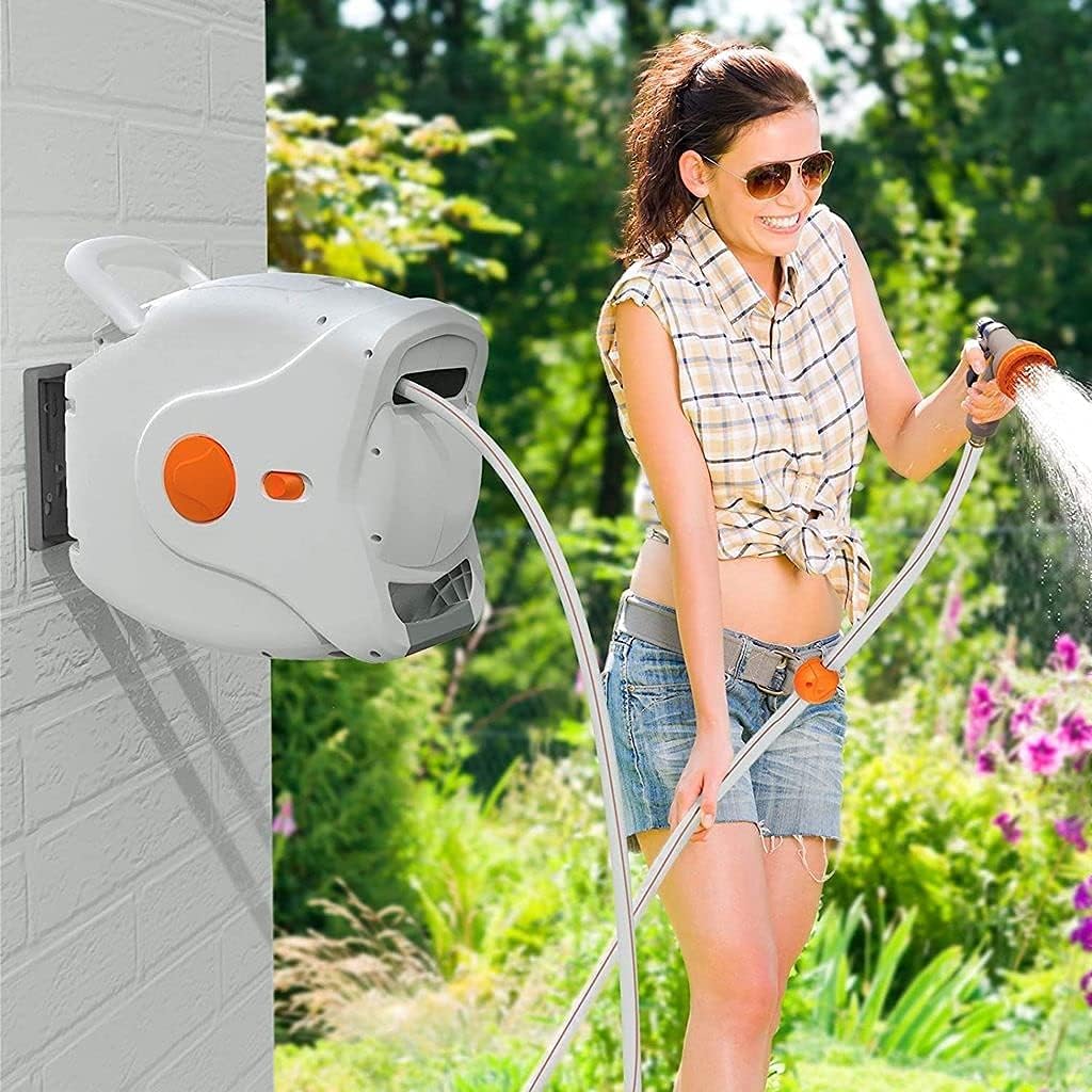 100 FT 1/2 Automatic Rewind Wall Mounted Hose Reel with 8 Patterns Hose Nozzles Y645
