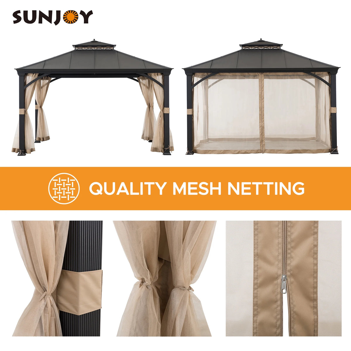 Black 2-Tier Aluminum Hardtop Gazebo with Netting O9251