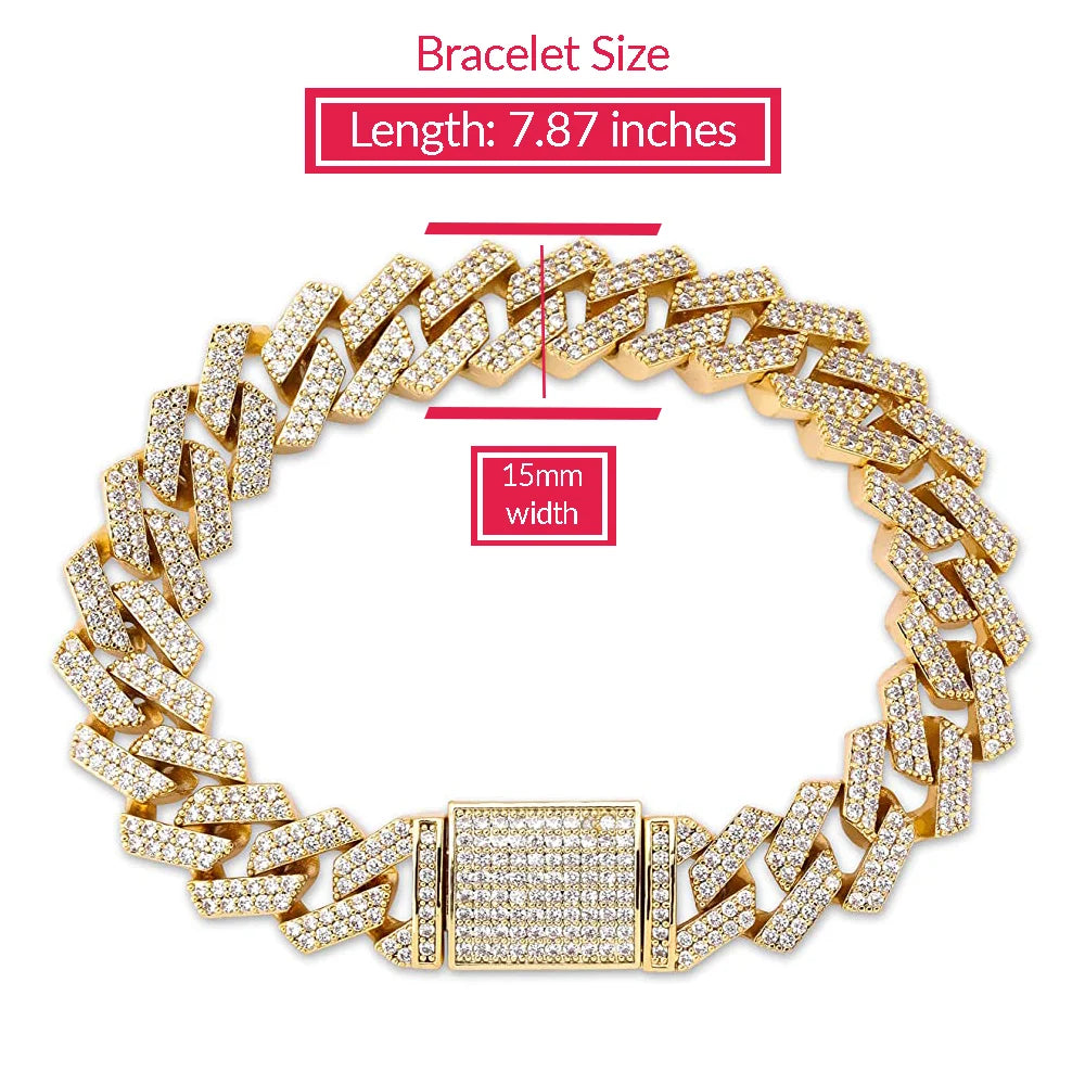 Iced Out Cuban Link Necklace and Bracelet Set, 15mm, Gold W425777