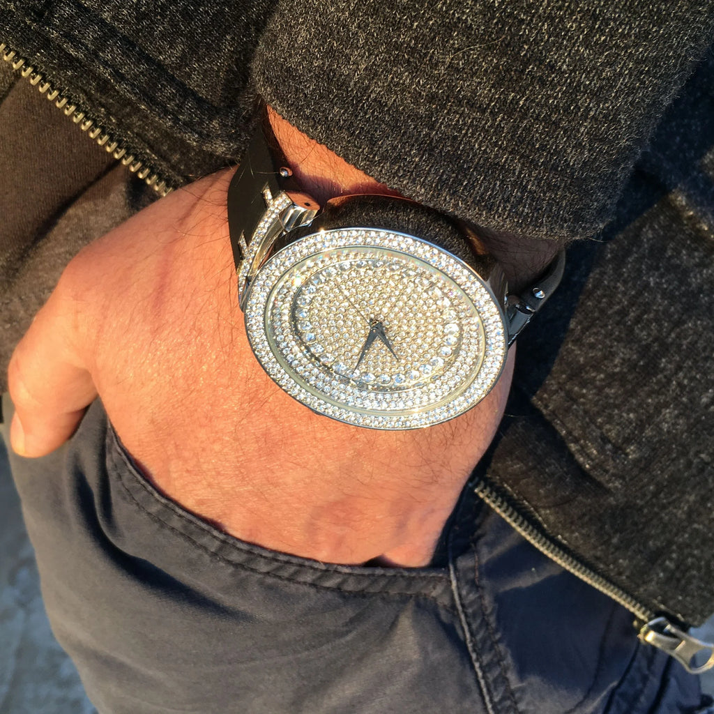 Silver Tone Hip Hop Watch with Black Band U1889