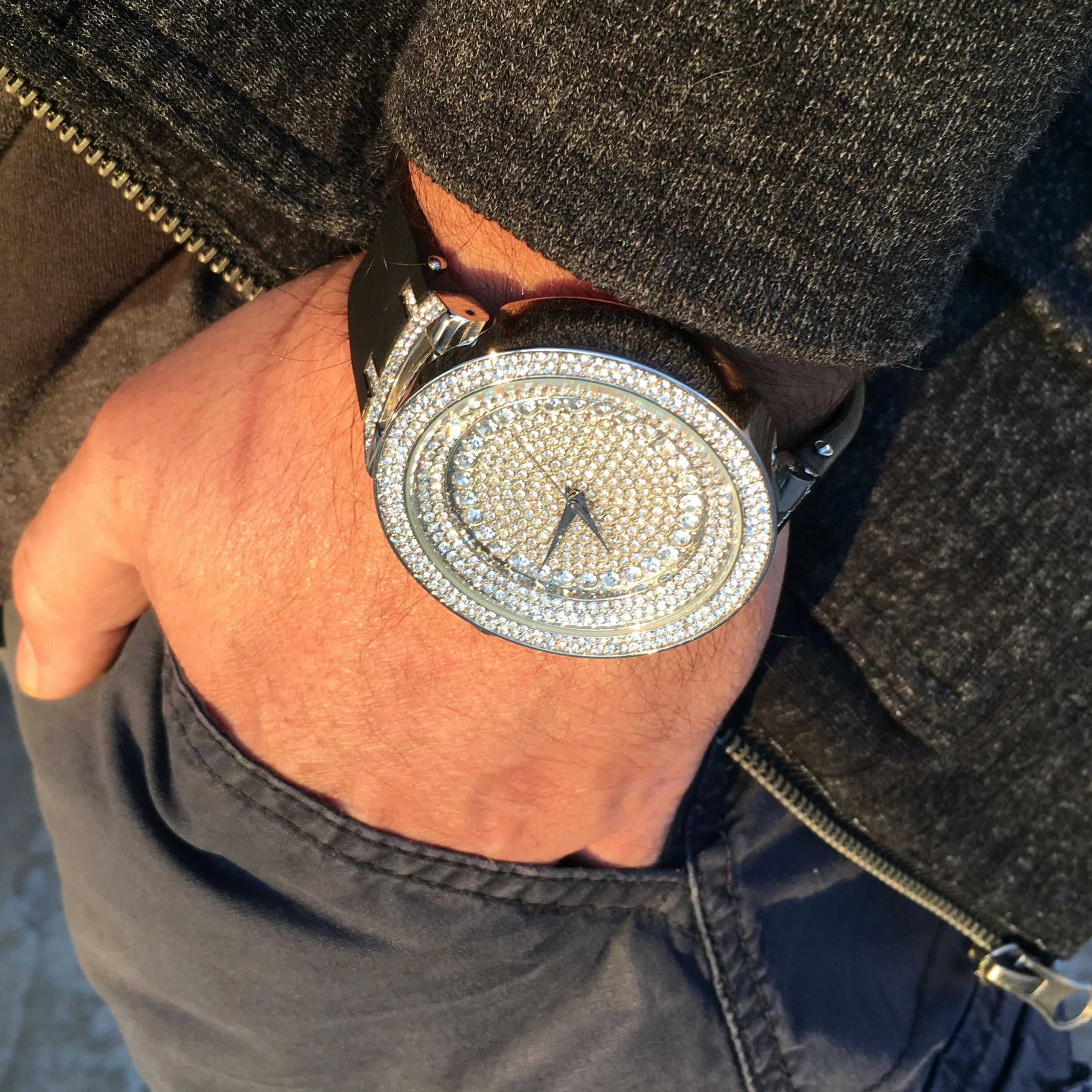 Silver Tone Hip Hop Watch with Black Band U1889