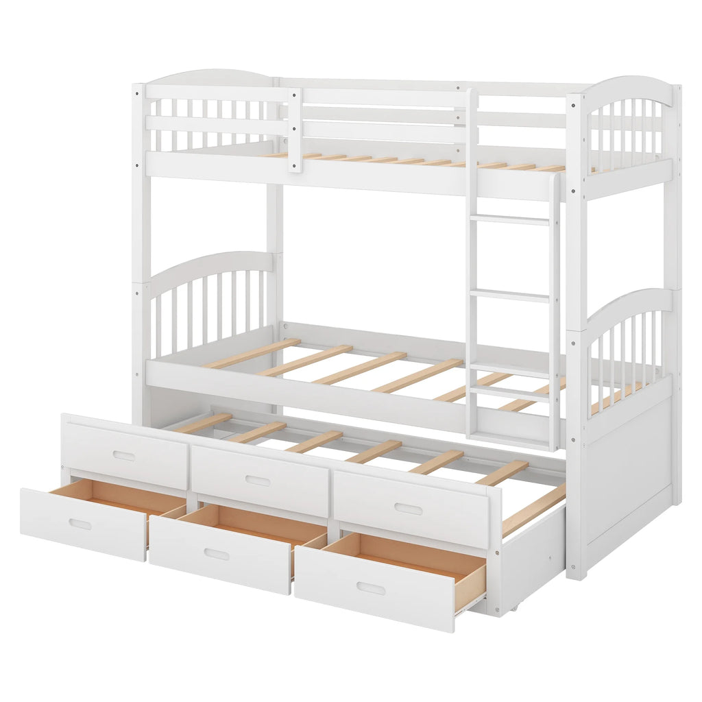 Twin Over Twin Wood Bunk Bed with Trundle and Drawers S883
