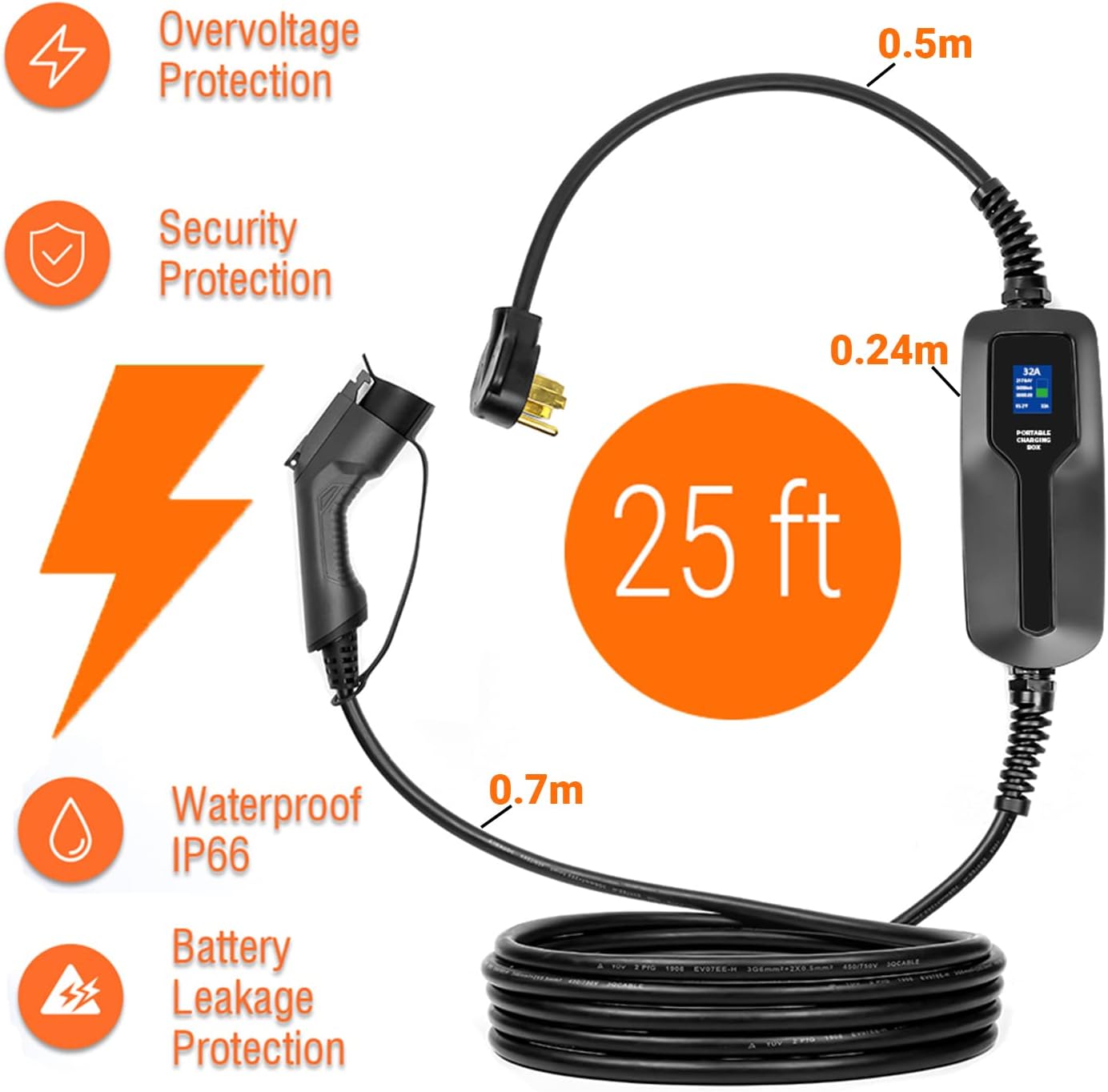 25ft 32A Electric Vehicle Level 2 EV Charger with NEMA 14-50 Plug H518046
