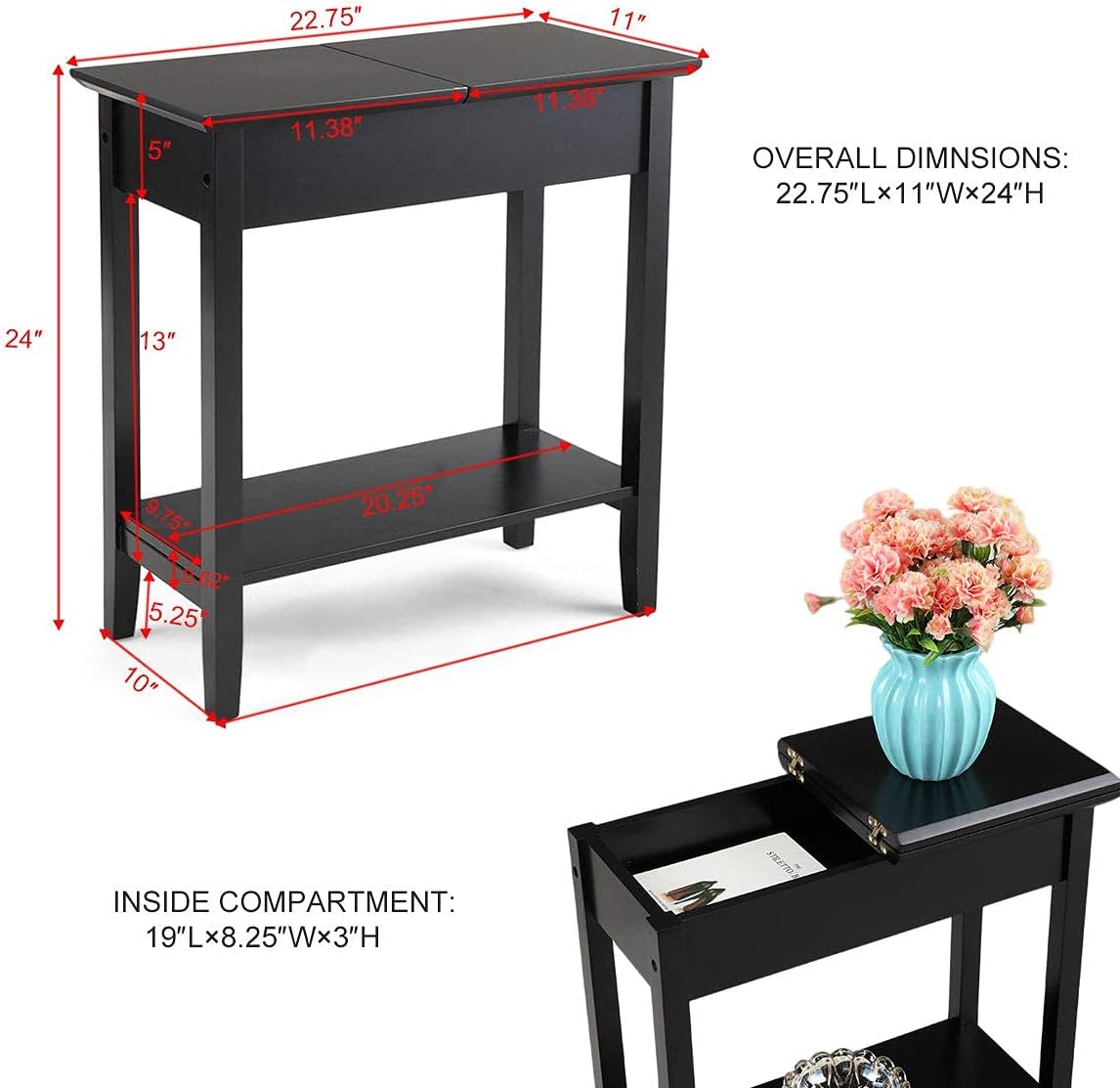 Flip Top End Table Wooden Sofa Side Table with Storage and Shelf O965866