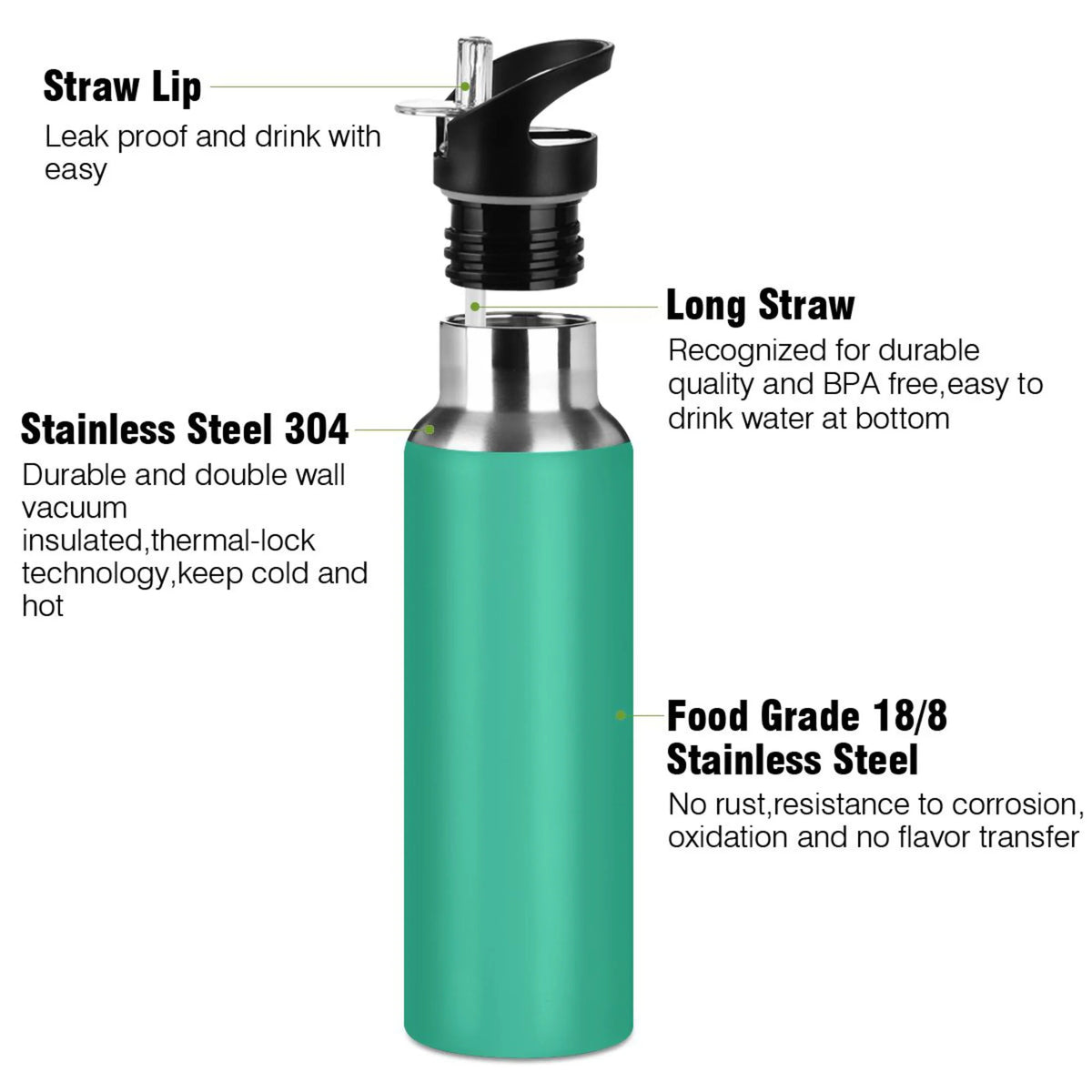 Green Solid 20 OZ Stainless Steel Vacuum Insulated Water Bottle with Straw Lid J496967