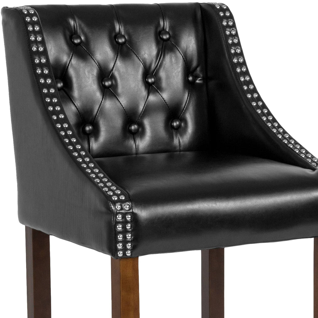 Black Leather Transitional Tufted Walnut Barstool L306