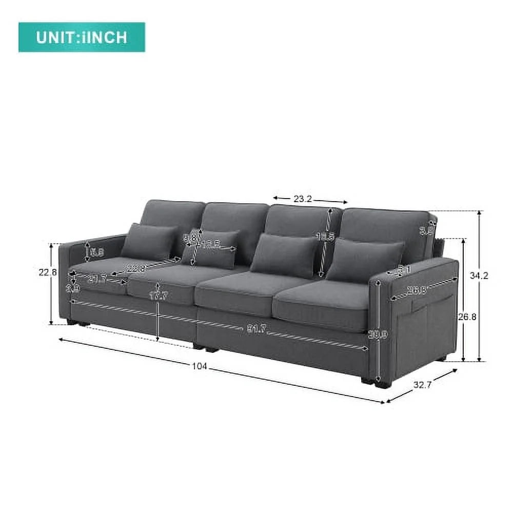 Linen Fabric Sofa with Armrest Pockets and 4 Pillows Q754355