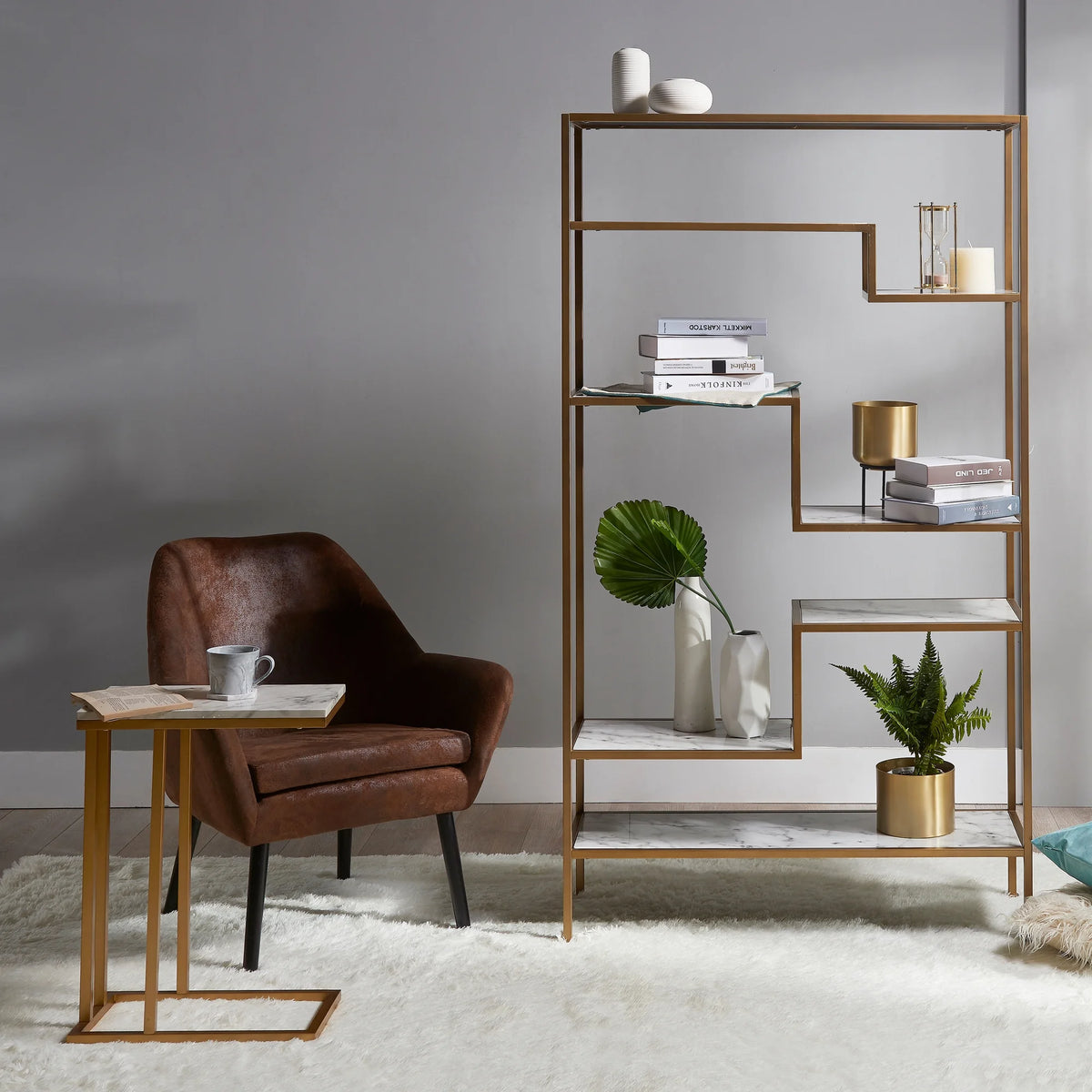 Marble-Look C Shape Side Table W449281