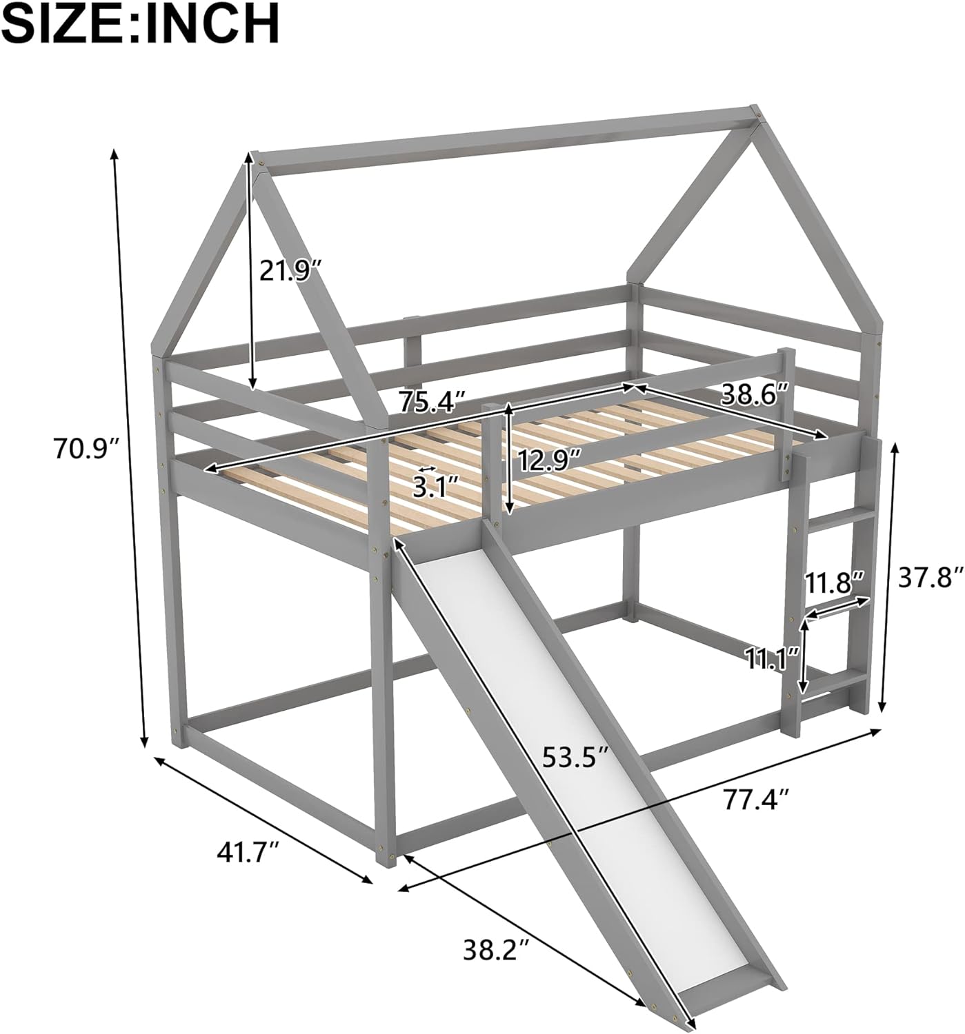 Grey Wood Bunk Bed with Slide and Ladder C9985