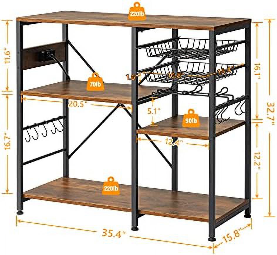 Rustic Brown Metal Frame Bakers Rack with Wire Basket X4412
