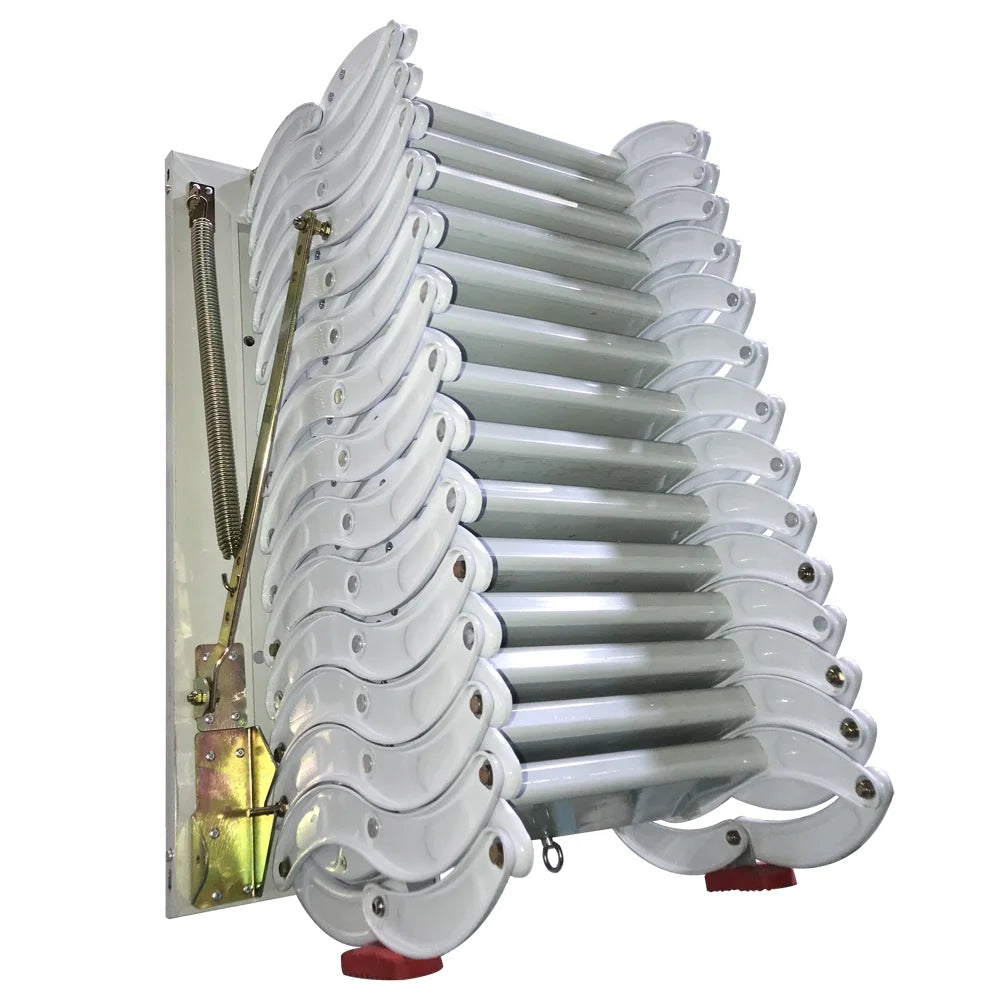 White 11.5ft 14 Steps Wall Mounted Folding Ladder Stairs G924