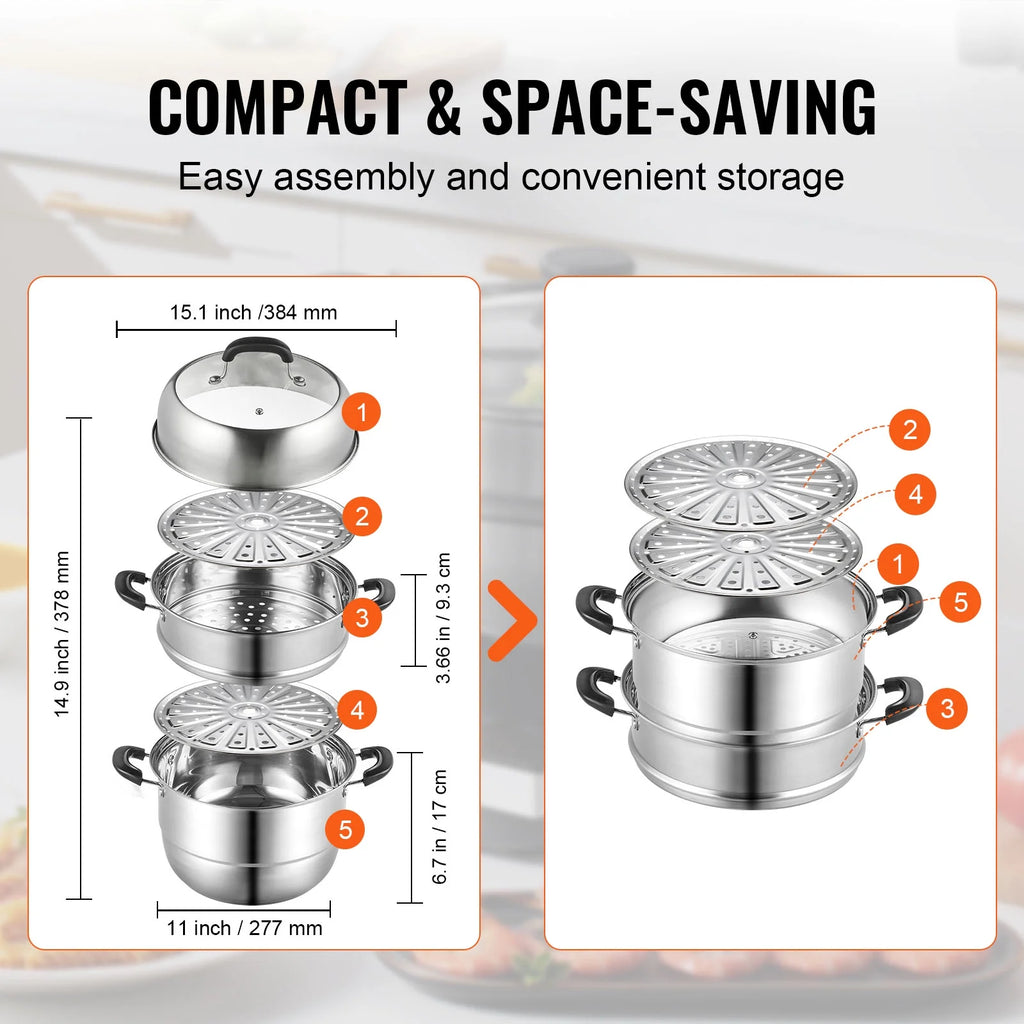 3 Tier 8.5QT 304 Stainless Steel Steamer Pot with 2 Steaming Tray A724586