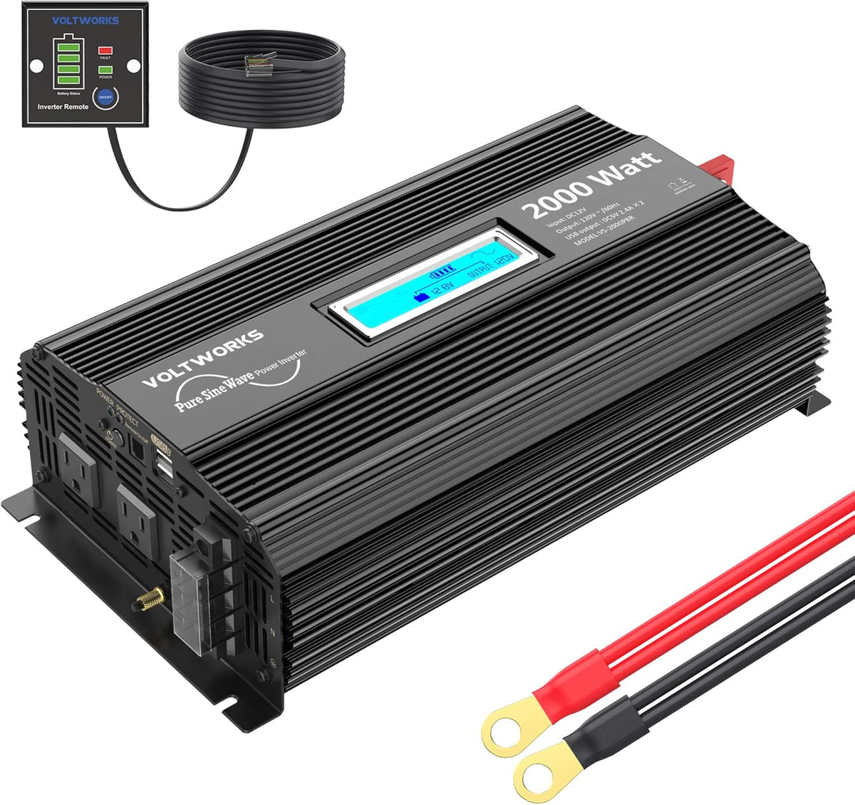 2000Watt DC 12V to 120V AC Car Power Inverter with 2 AC Outlets S78612