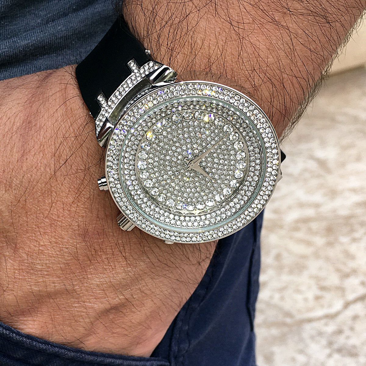 Silver Tone Hip Hop Watch with Black Band U1889