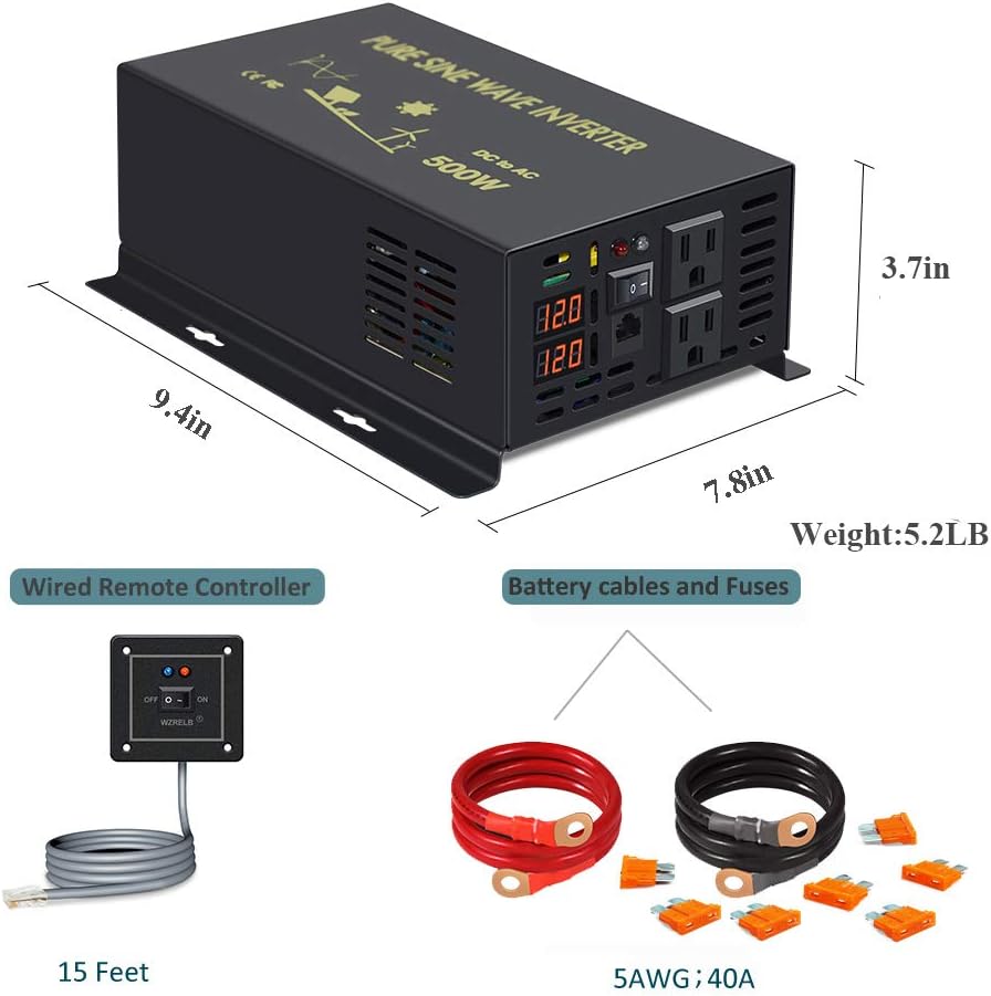 500W Pure Sine Wave Power Inverter DC 12V to 110V AC with Remote Controller P55593