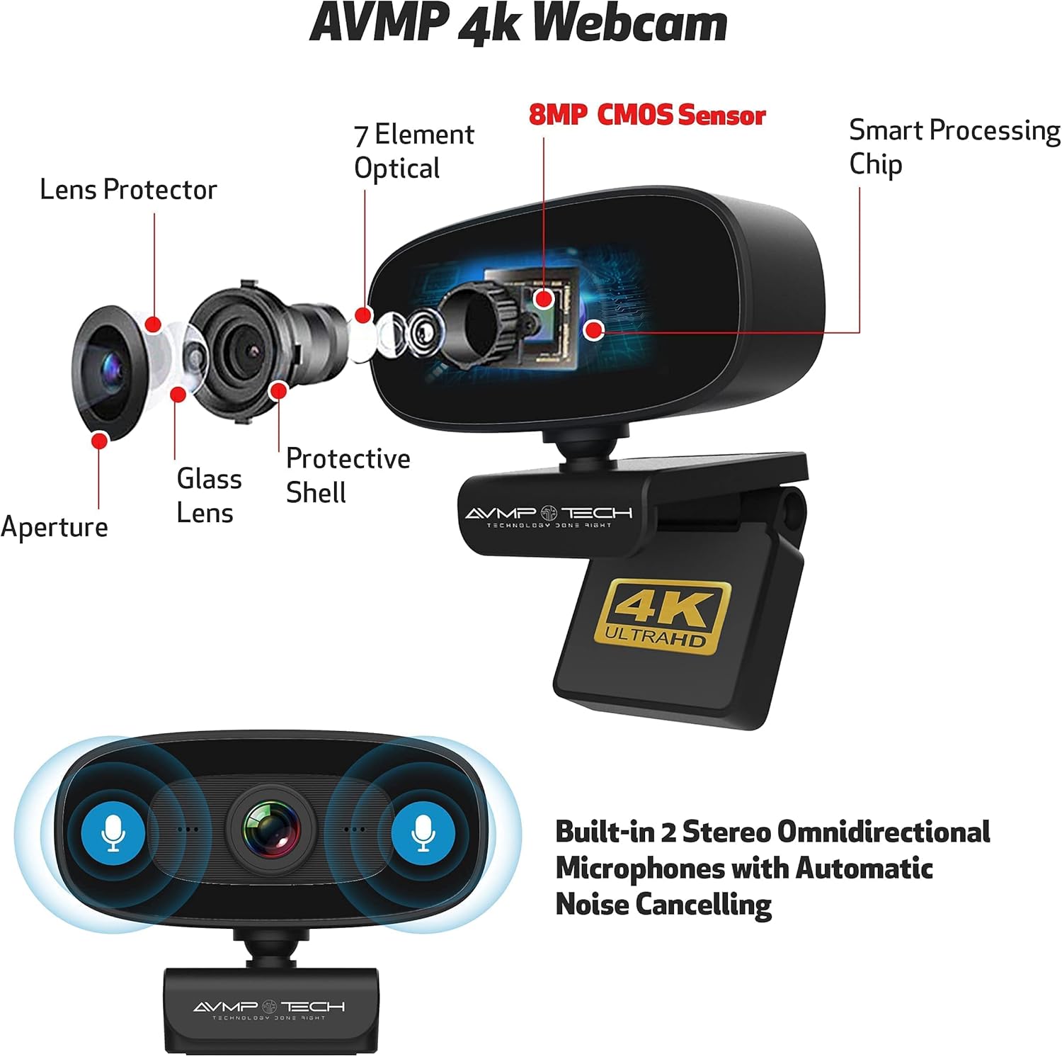 4K Webcam with Light Ultra HD 8MP Autofocus USB Web Cam with Microphone B768