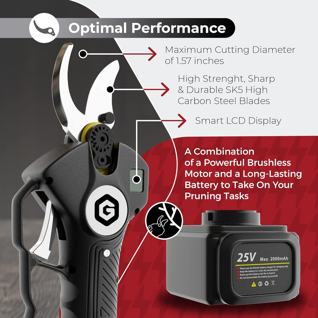 25V Electric Pruning Shears, Pack of 2, SK5 Carbon Steel Blades, 2 Ah Lithium Batteries, LCD Display, 40 mm Cutting Diameter Q490628