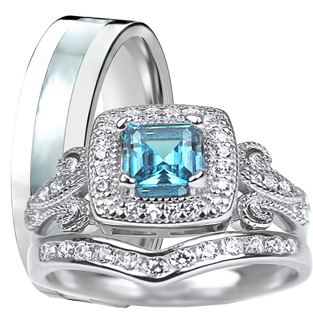 Vintage Blue Topaz Silver Wedding Engagement Ring Set D855720