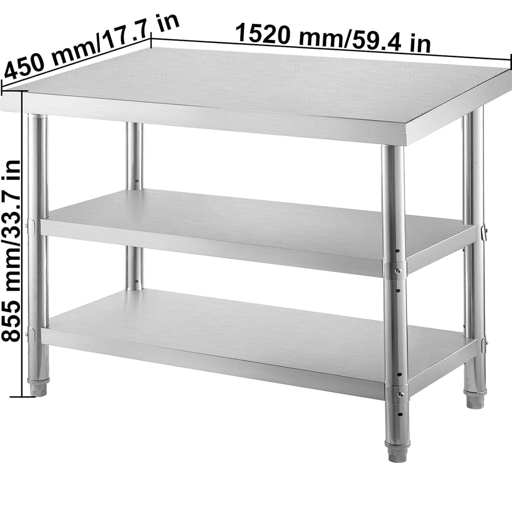 Stainless Steel Commercial Prep Table, 60x14x33 in, 2 Adjustable Undershelf N578292