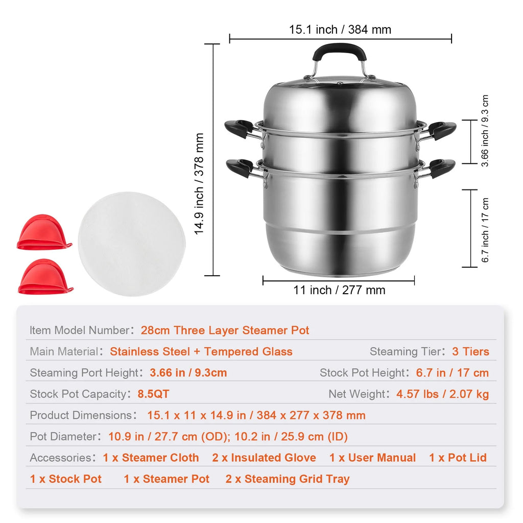 3 Tier 8.5QT 304 Stainless Steel Steamer Pot with 2 Steaming Tray A724586