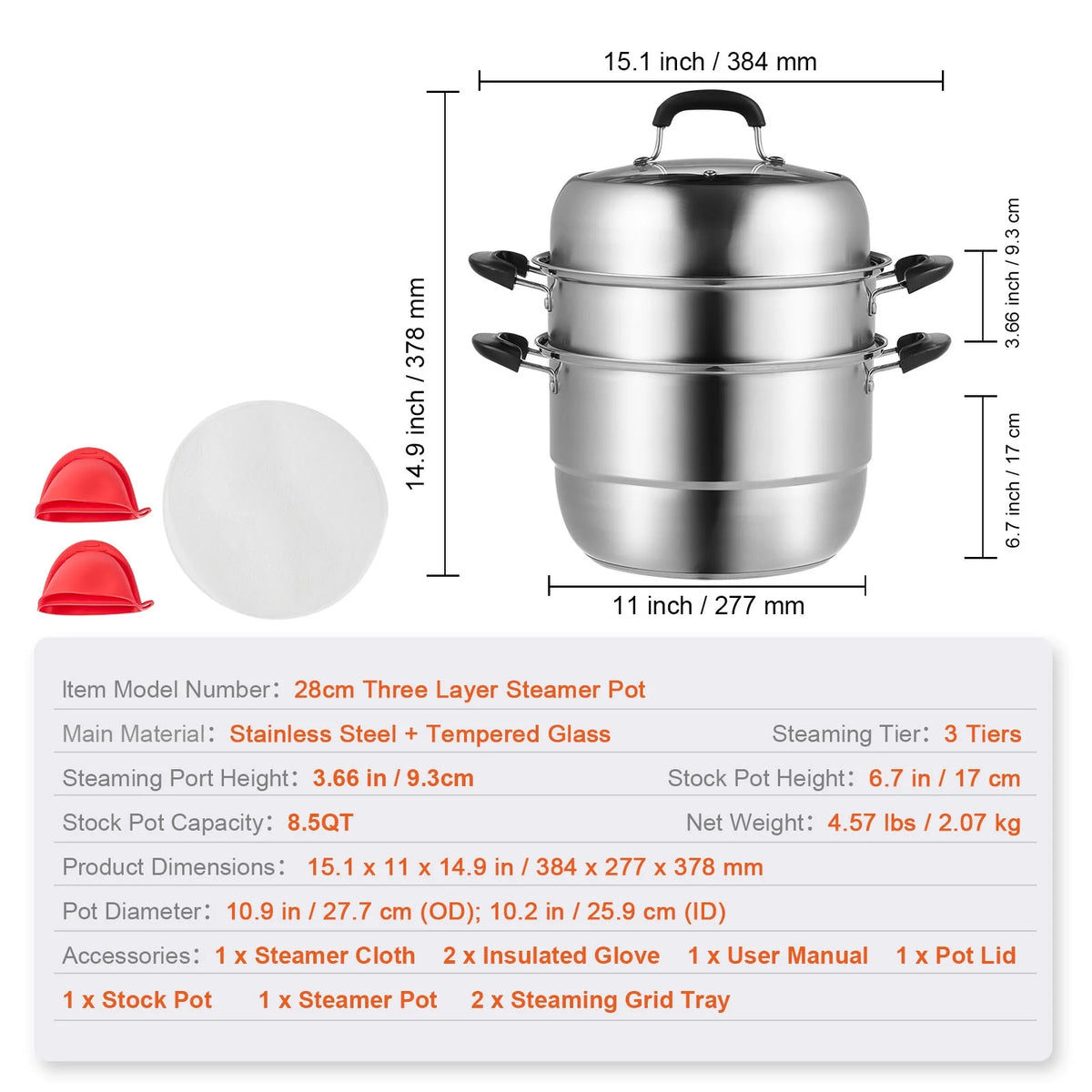 3 Tier 8.5QT 304 Stainless Steel Steamer Pot with 2 Steaming Tray A724586