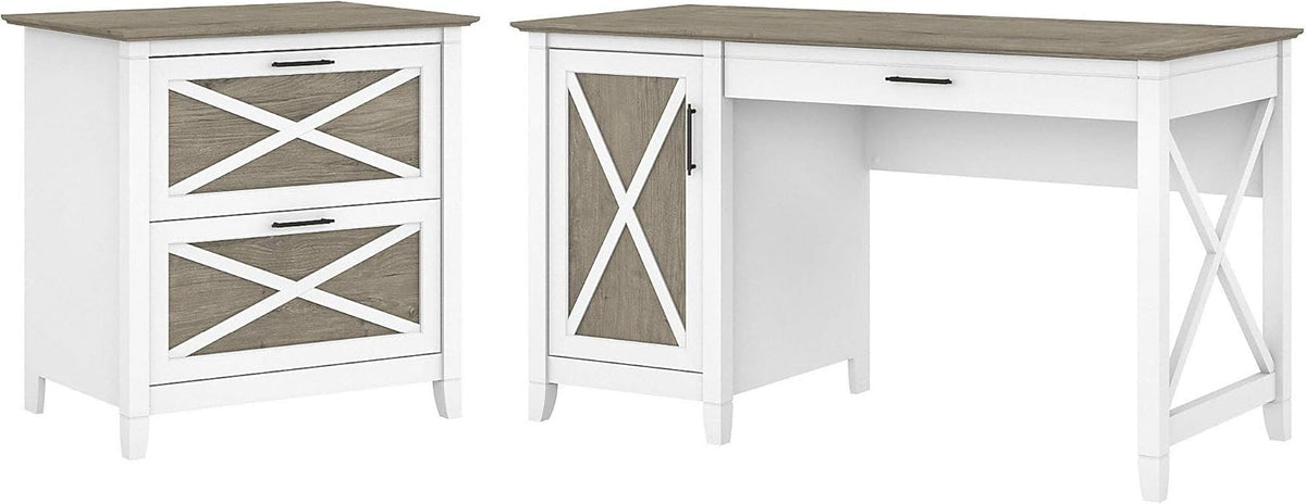 54W Linen White Oak Computer Desk with Storage and 2 Drawer Lateral File Cabinet L1371