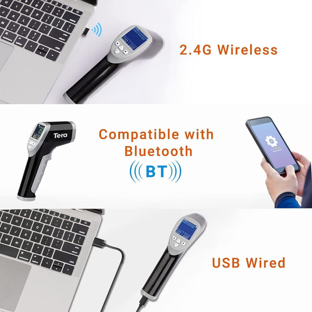 Tera Barcode Scanner Temperature Thermometer 2D QR 1D Cordless Bar Code Reader with Digital Display Screen, Compatible with Bluetooth 2.4Ghz Wireless USB Wired Pack of 2 E903871