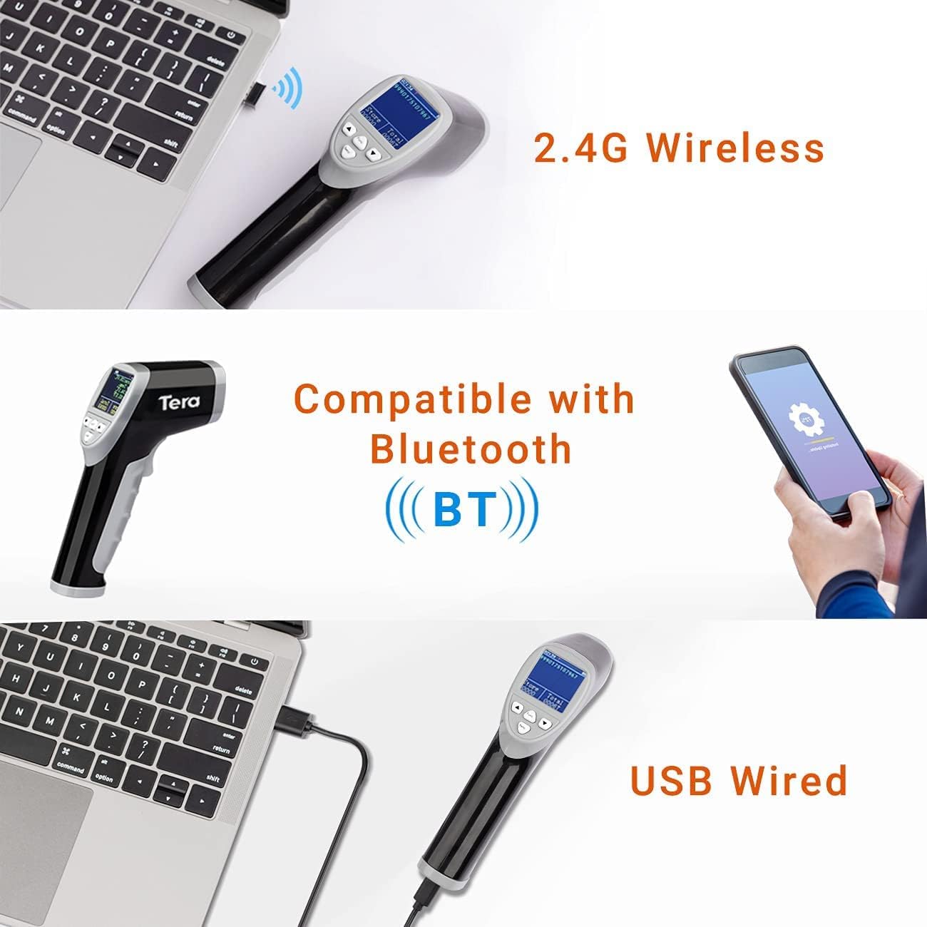 Tera Barcode Scanner Temperature Thermometer 2D QR 1D Cordless Bar Code Reader with Digital Display Screen, Compatible with Bluetooth 2.4Ghz Wireless USB Wired Pack of 2 E903871