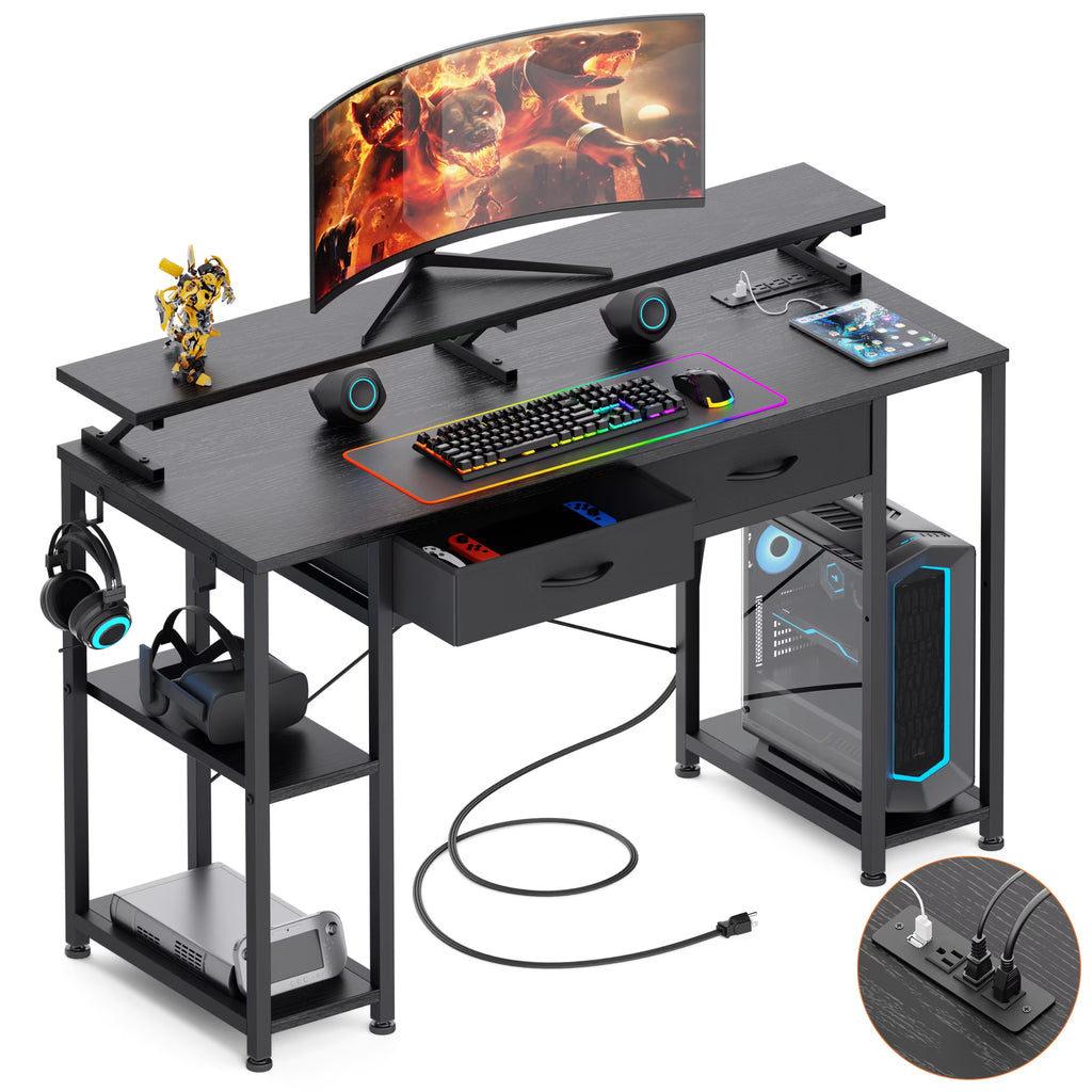 Black Computer Desk with Drawers and Bookshelf S9021