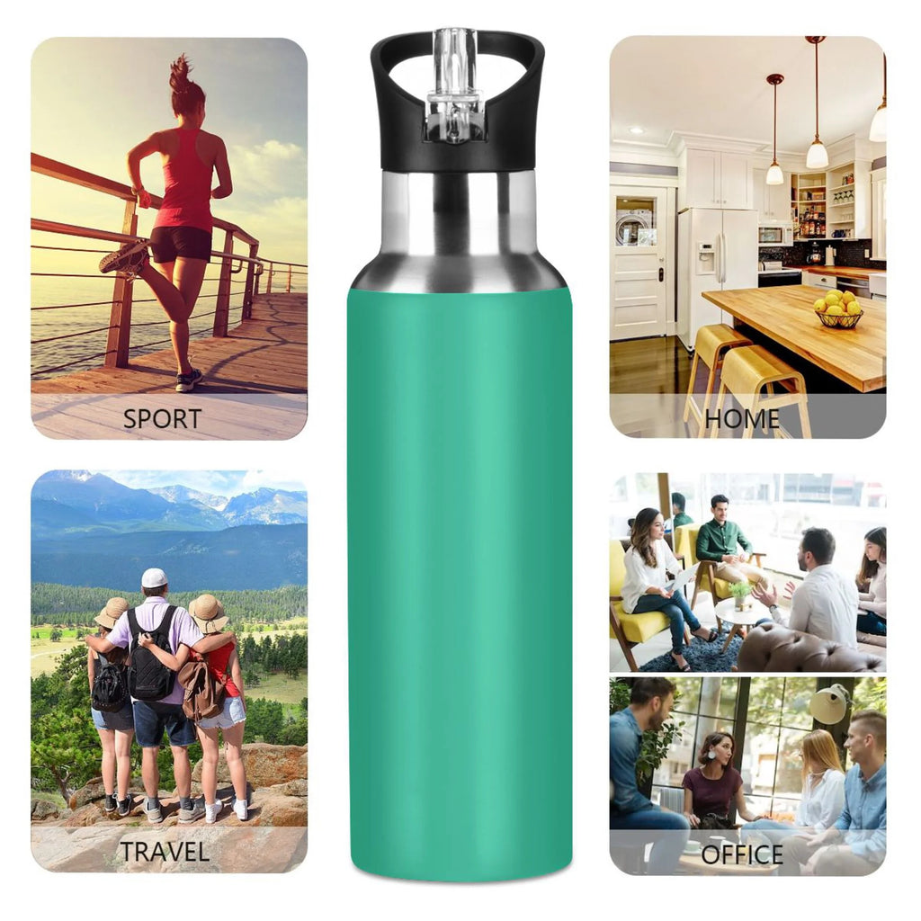 Green Solid 20 OZ Stainless Steel Vacuum Insulated Water Bottle with Straw Lid J496967