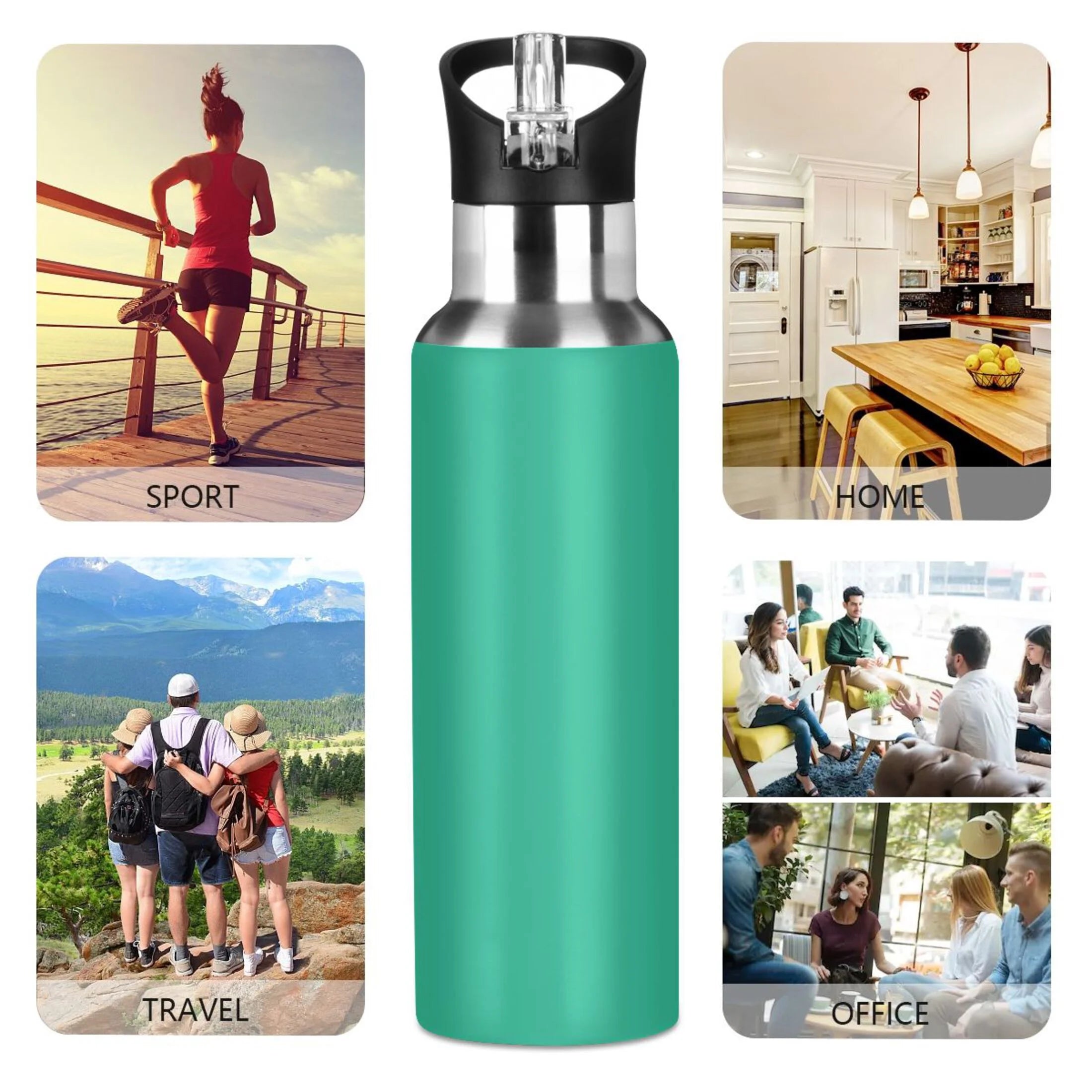 Green Solid 20 OZ Stainless Steel Vacuum Insulated Water Bottle with Straw Lid J496967