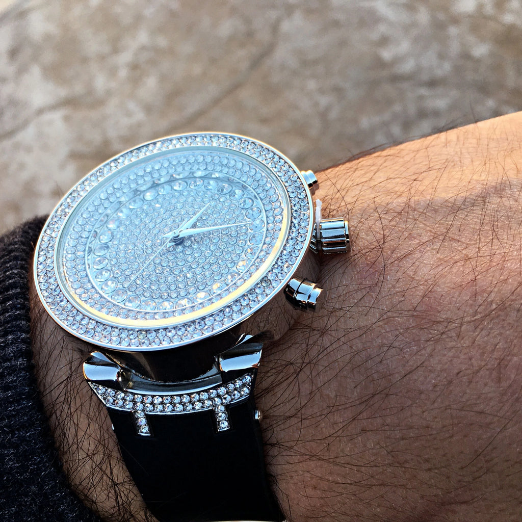 Silver Tone Hip Hop Watch with Black Band U1889