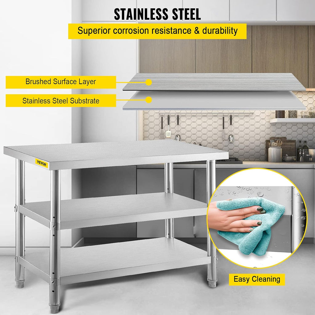 Stainless Steel Commercial Prep Table, 60x14x33 in, 2 Adjustable Undershelf N578292