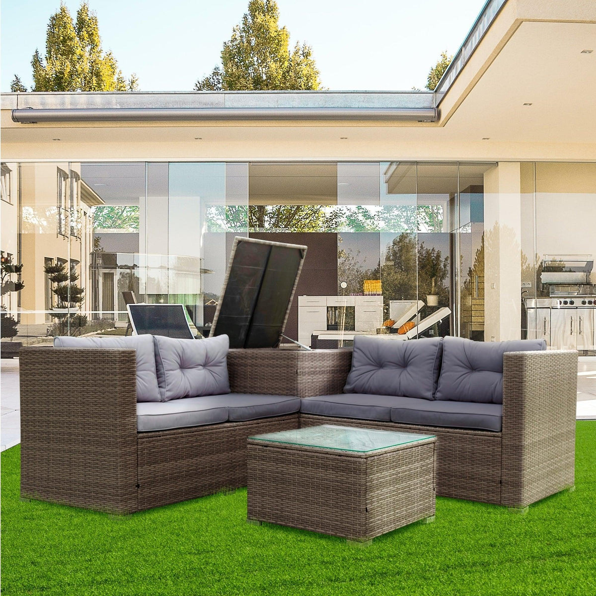 4 Piece Patio Sectional Wicker Rattan Outdoor Furniture Sofa Set Grey G791484