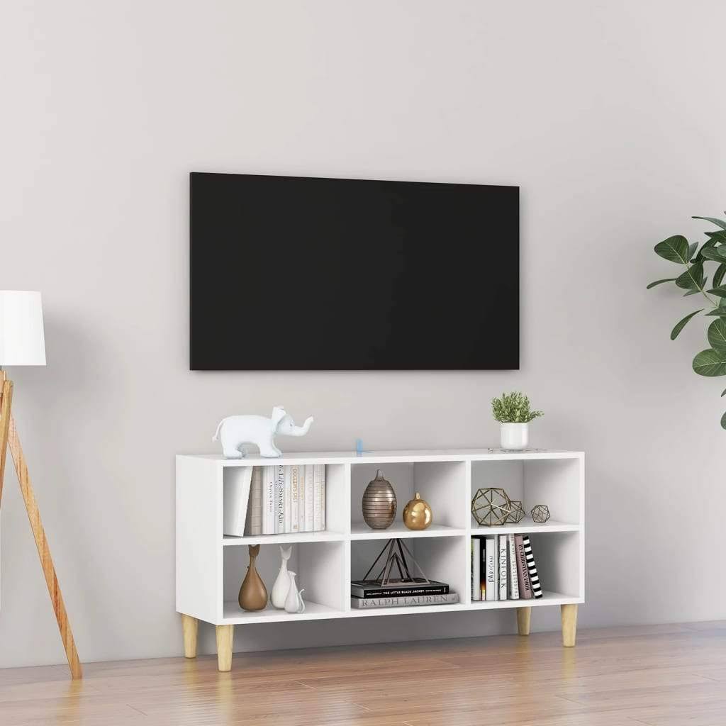White TV Cabinet with Solid Wood Legs D5369
