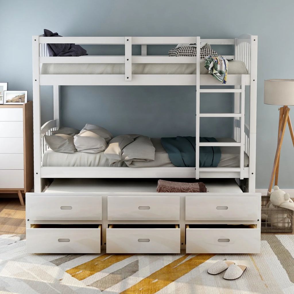 Twin Over Twin Wood Bunk Bed with Trundle and Drawers S883