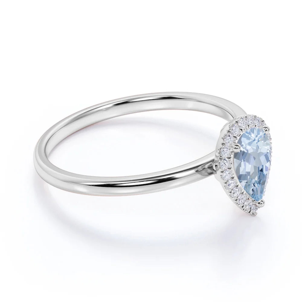 1 Carat Pear Shaped Created Aquamarine Halo Wedding Ring in 18k White Gold over Silver H6386