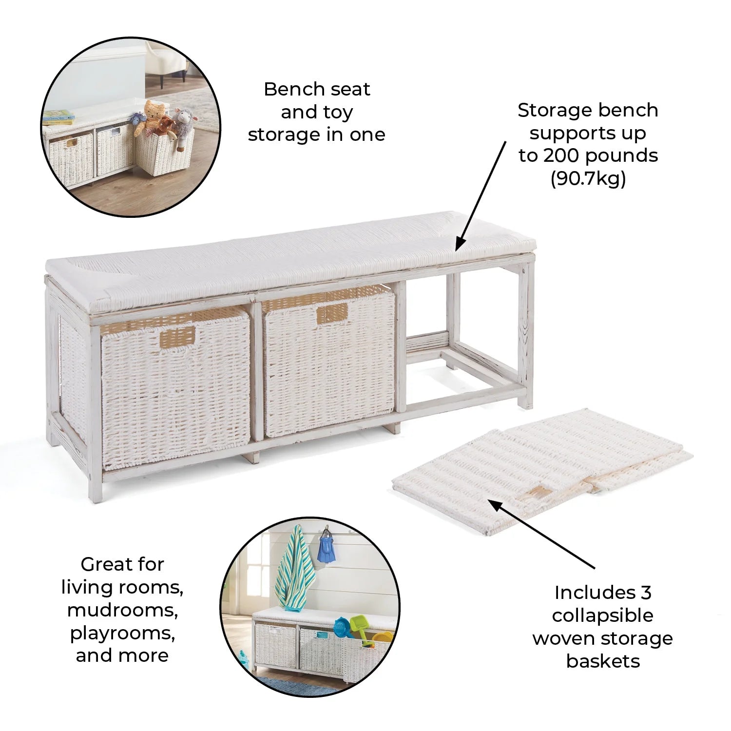 Brown Woven Top Storage Bench with Baskets M11962