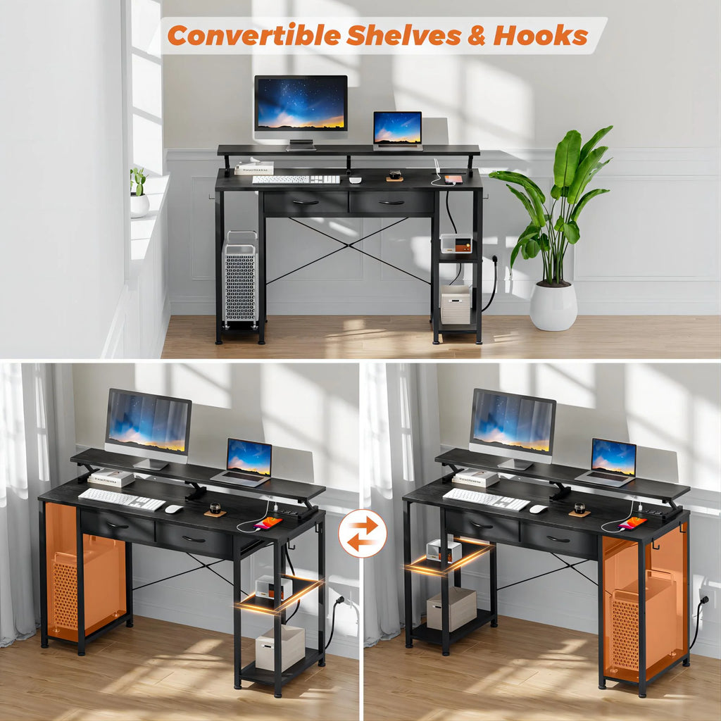 Black Computer Desk with Drawers and Bookshelf S9021