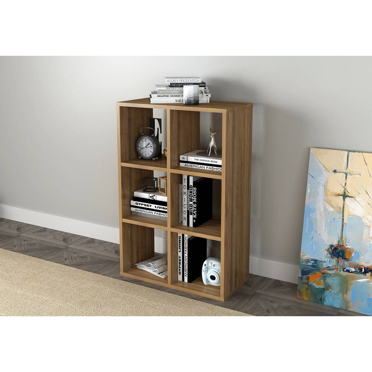 Walnut Cube Shape Bookcase 6 Open Storage I5810