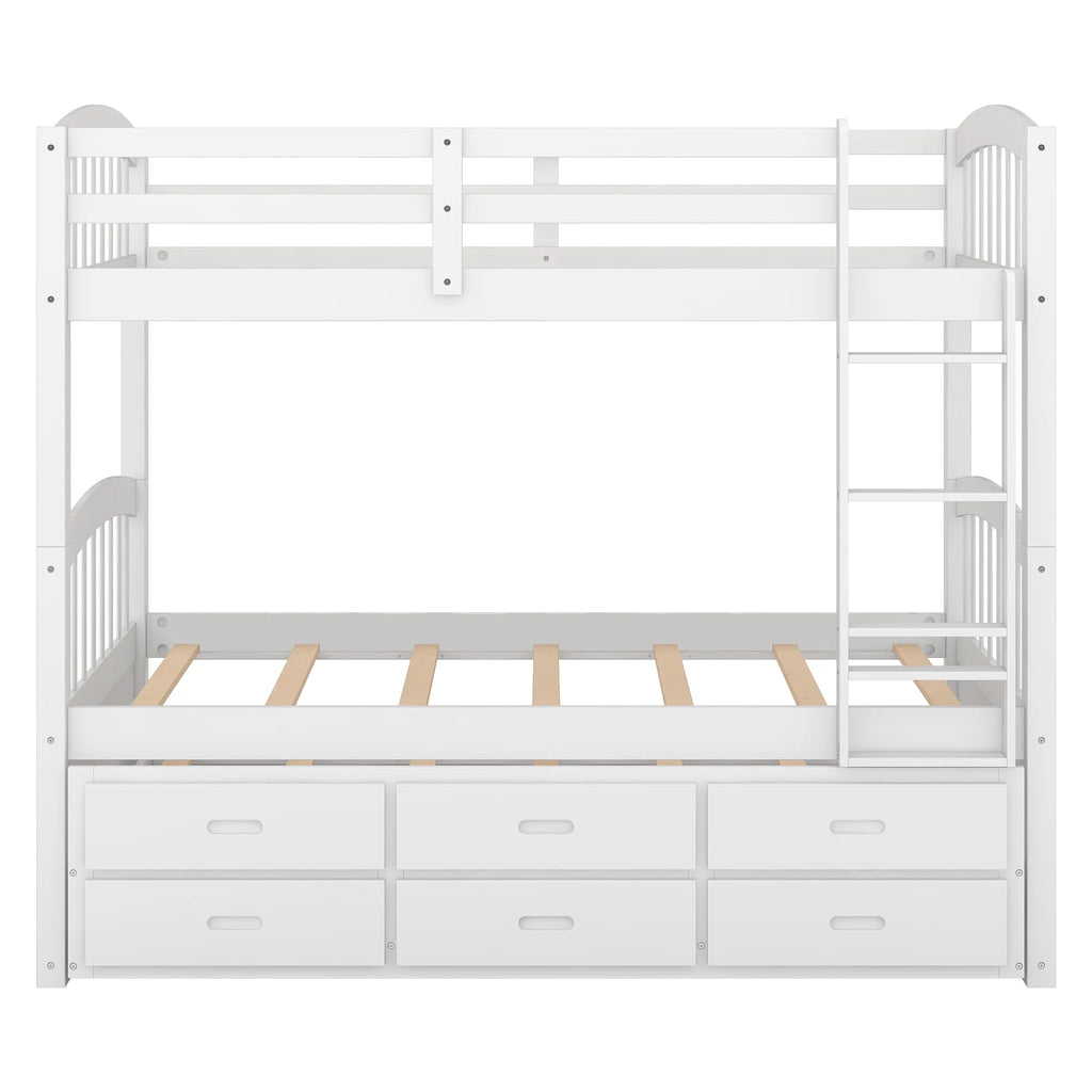 Twin Over Twin Wood Bunk Bed with Trundle and Drawers S883