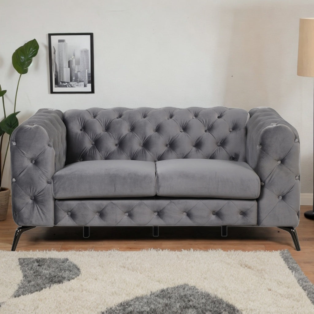 Gray Velvet Button Tufted Loveseat Sofa N4985