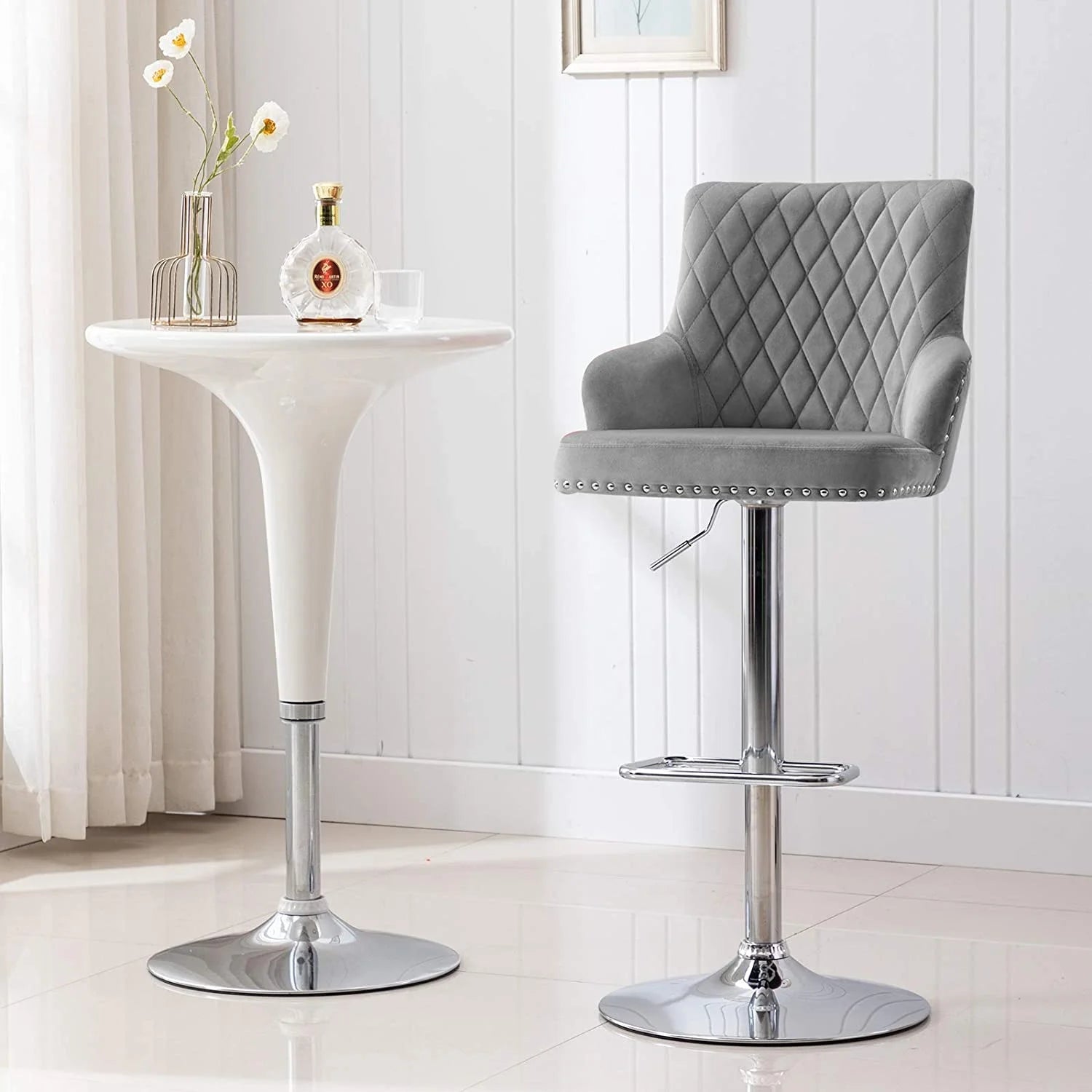 Gray Adjustable Swivel Velvet Bar Stool with Back Y4776