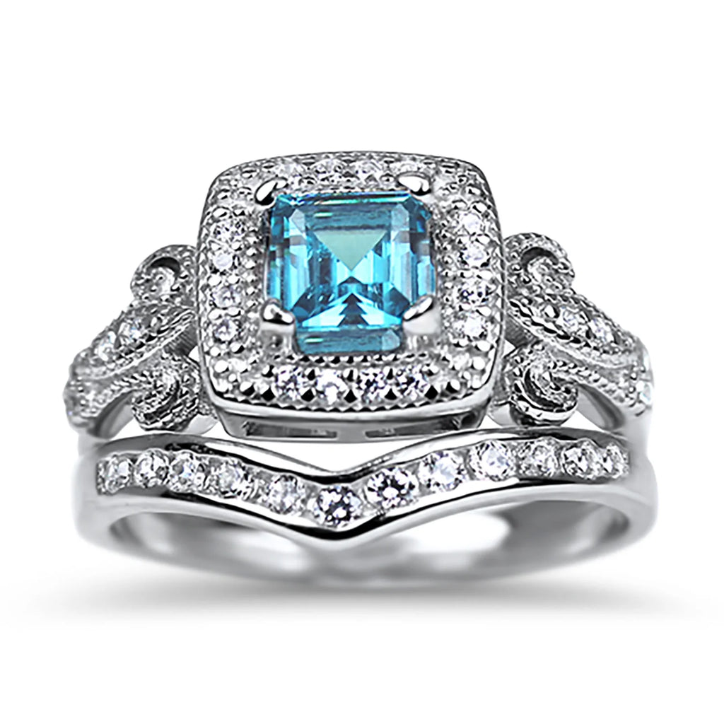 Vintage Blue Topaz Silver Wedding Engagement Ring Set D855720