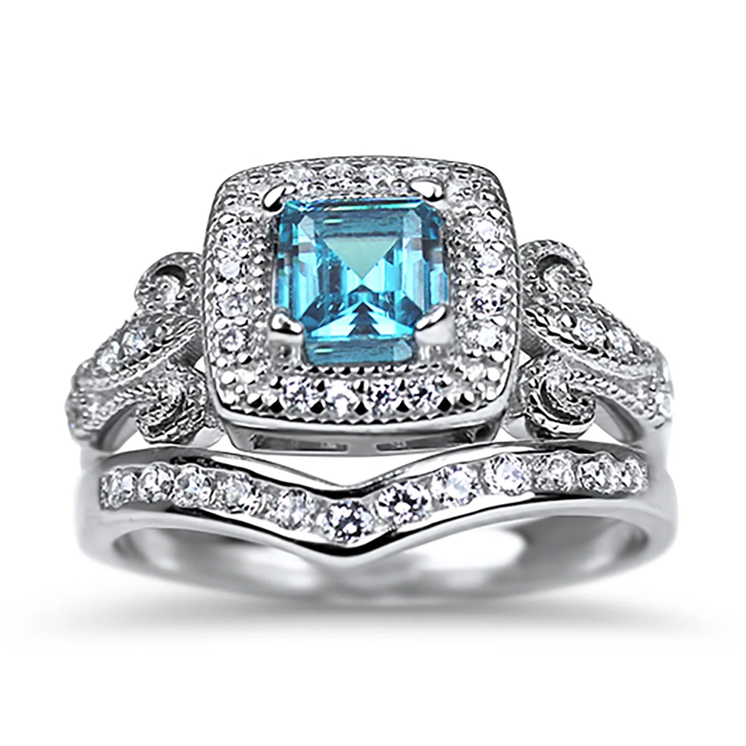 Vintage Blue Topaz Silver Wedding Engagement Ring Set D855720