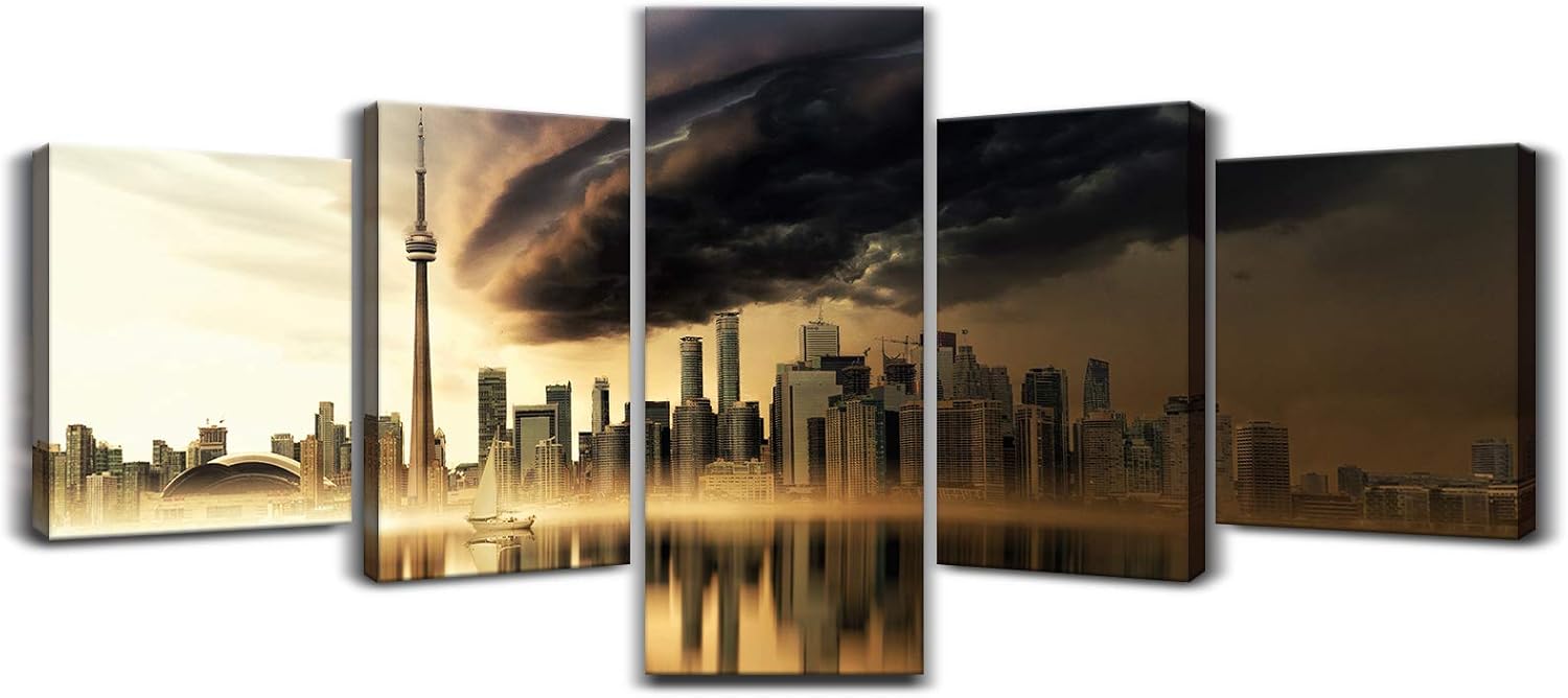 Black and White Cityscape Canvas Print Framed Wall Art 50x24inch D863